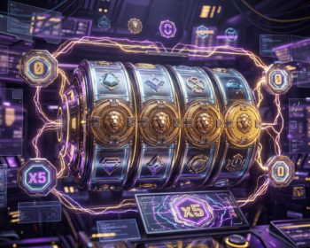 Infografis analisis fitur respins pada slot modern yang menampilkan papan permainan dengan simbol koin emas terkunci dan siklus putaran ulang